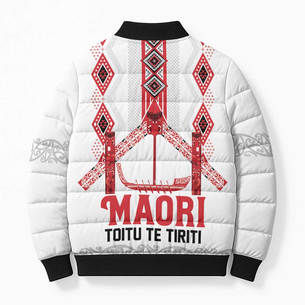 Toitu Te Tiriti Waitangi Bomber Puffer Jacket White Wharenui House - Polynesian Pride