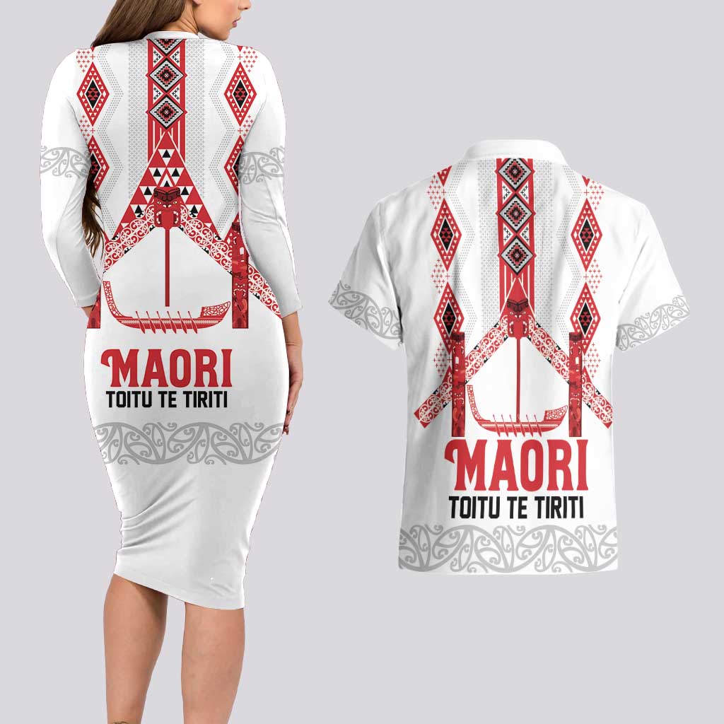 Toitu Te Tiriti Waitangi Couples Matching Long Sleeve Bodycon Dress and Hawaiian Shirt White Wharenui House - Polynesian Pride