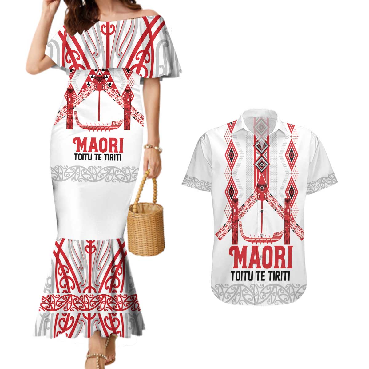 Toitu Te Tiriti Waitangi Couples Matching Mermaid Dress and Hawaiian Shirt White Wharenui House - Polynesian Pride