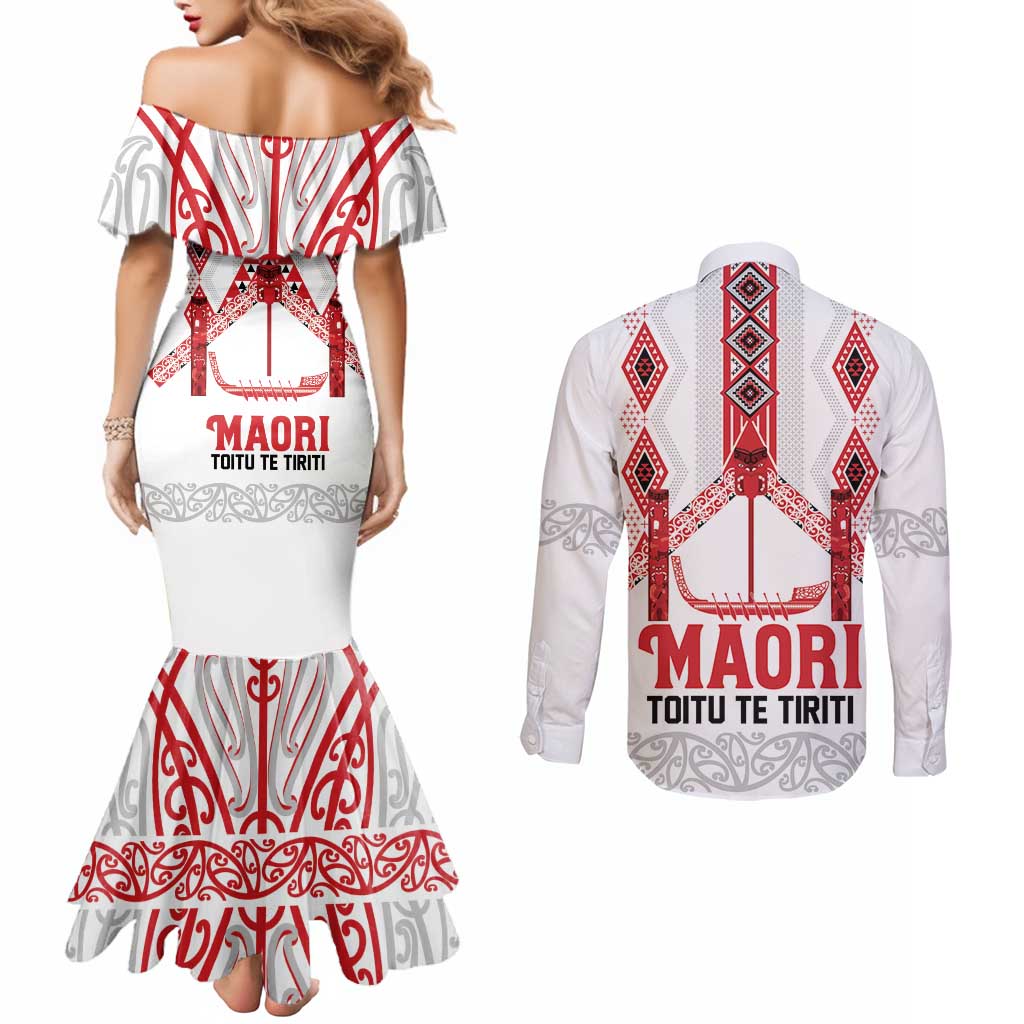 Toitu Te Tiriti Waitangi Couples Matching Mermaid Dress and Long Sleeve Button Shirt White Wharenui House - Polynesian Pride