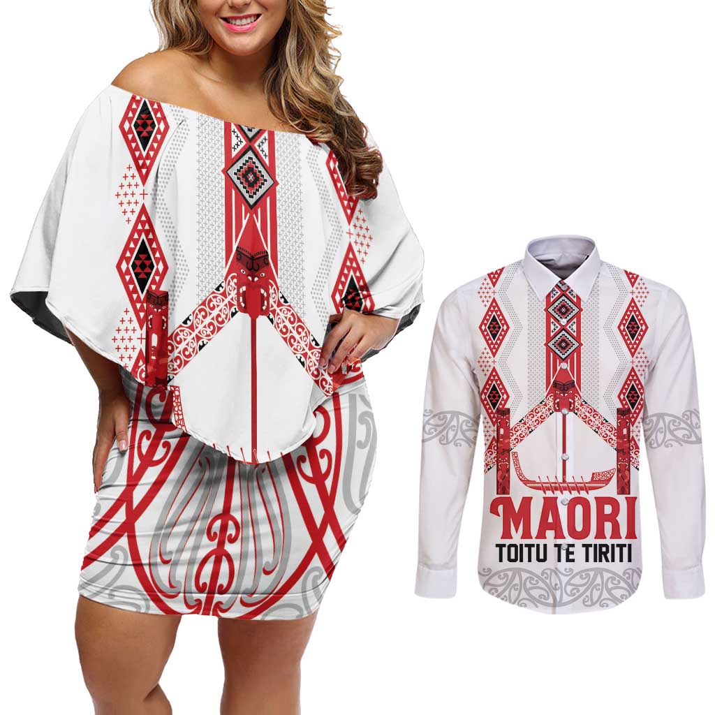 Toitu Te Tiriti Waitangi Couples Matching Off Shoulder Short Dress and Long Sleeve Button Shirt White Wharenui House - Polynesian Pride