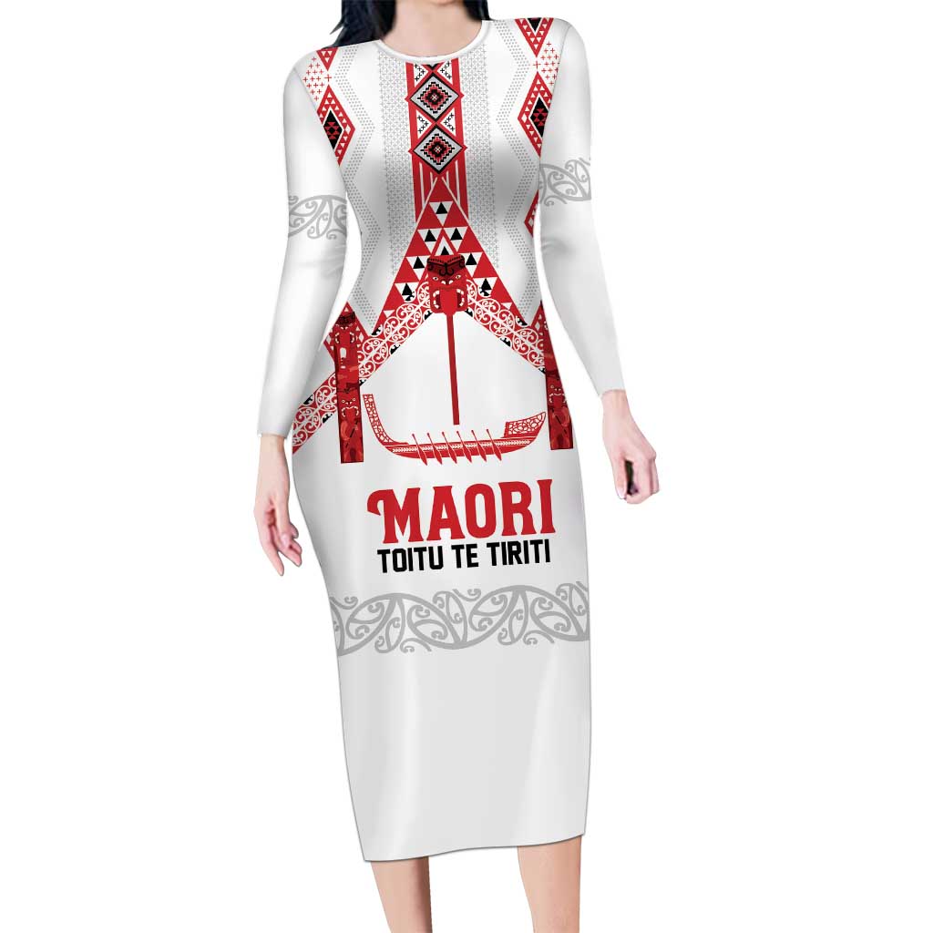 Toitu Te Tiriti Waitangi Family Matching Long Sleeve Bodycon Dress and Hawaiian Shirt White Wharenui House - Polynesian Pride
