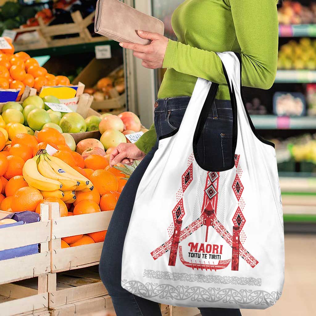 Toitu Te Tiriti Waitangi Grocery Bag White Wharenui House - Polynesian Pride