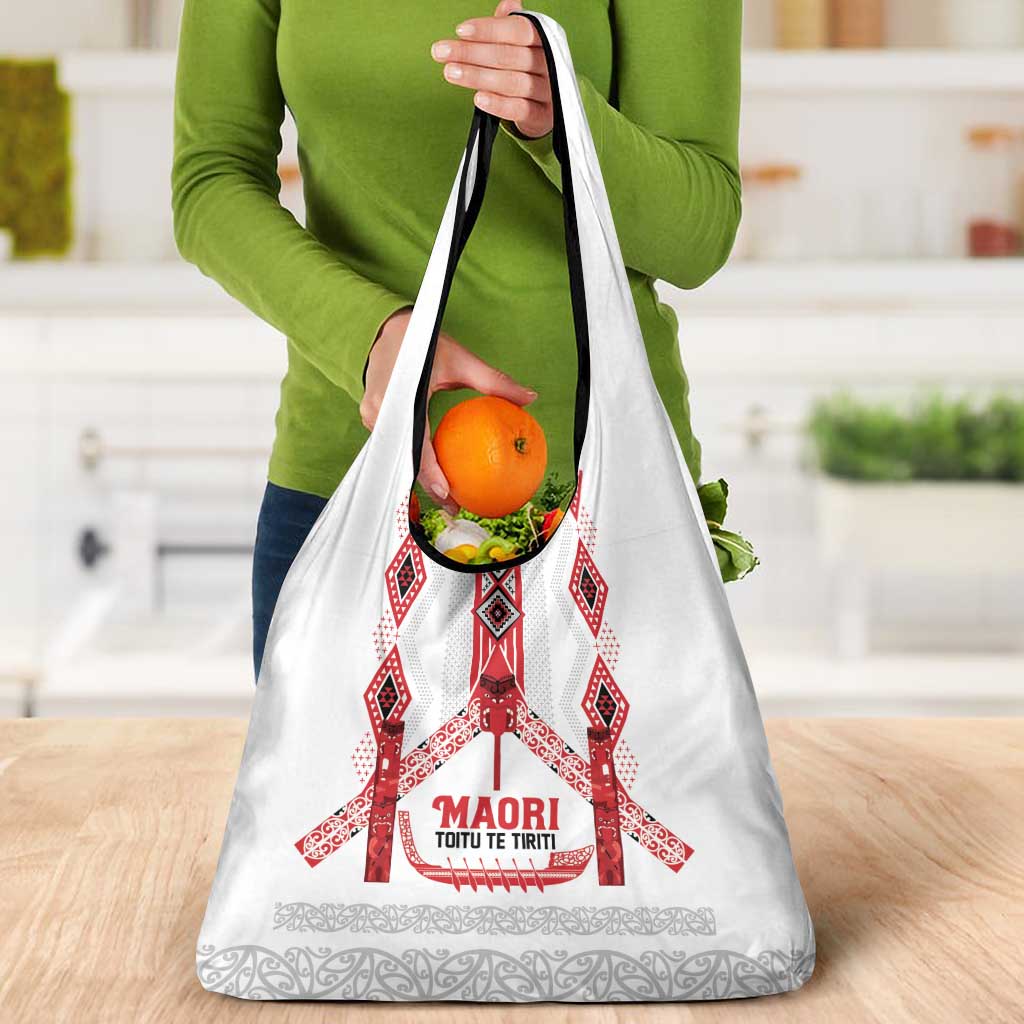 Toitu Te Tiriti Waitangi Grocery Bag White Wharenui House - Polynesian Pride