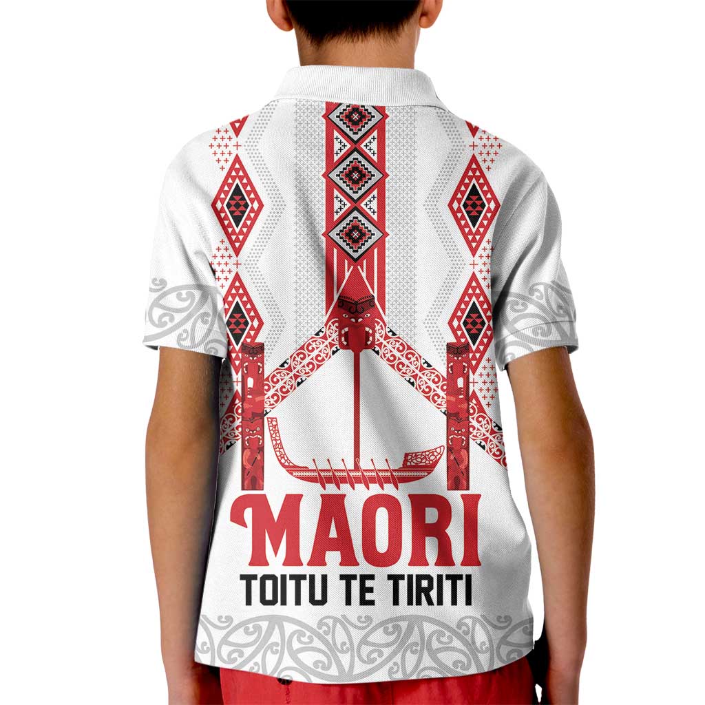 Toitu Te Tiriti Waitangi Kid Polo Shirt White Wharenui House - Polynesian Pride
