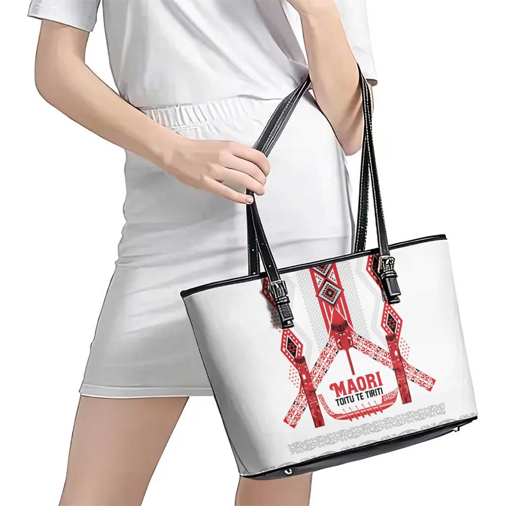 Toitu Te Tiriti Waitangi Leather Tote Bag White Wharenui House LT9 - Polynesian Pride