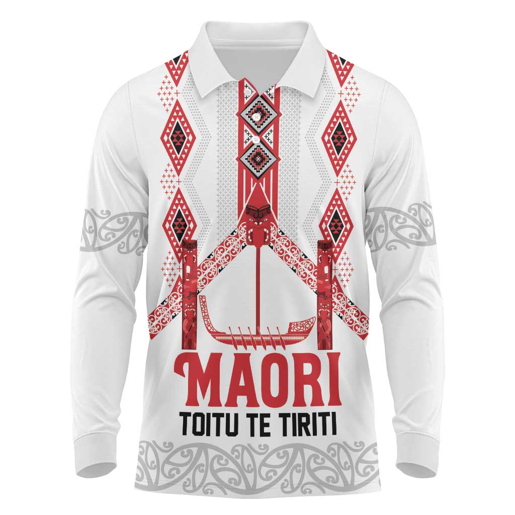 Toitu Te Tiriti Waitangi Long Sleeve Polo Shirt White Wharenui House - Polynesian Pride
