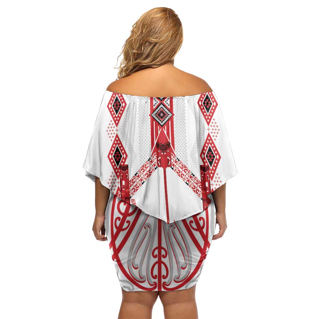 Toitu Te Tiriti Waitangi Off Shoulder Short Dress White Wharenui House LT9 - Polynesian Pride