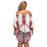 Toitu Te Tiriti Waitangi Off Shoulder Short Dress White Wharenui House LT9 - Polynesian Pride
