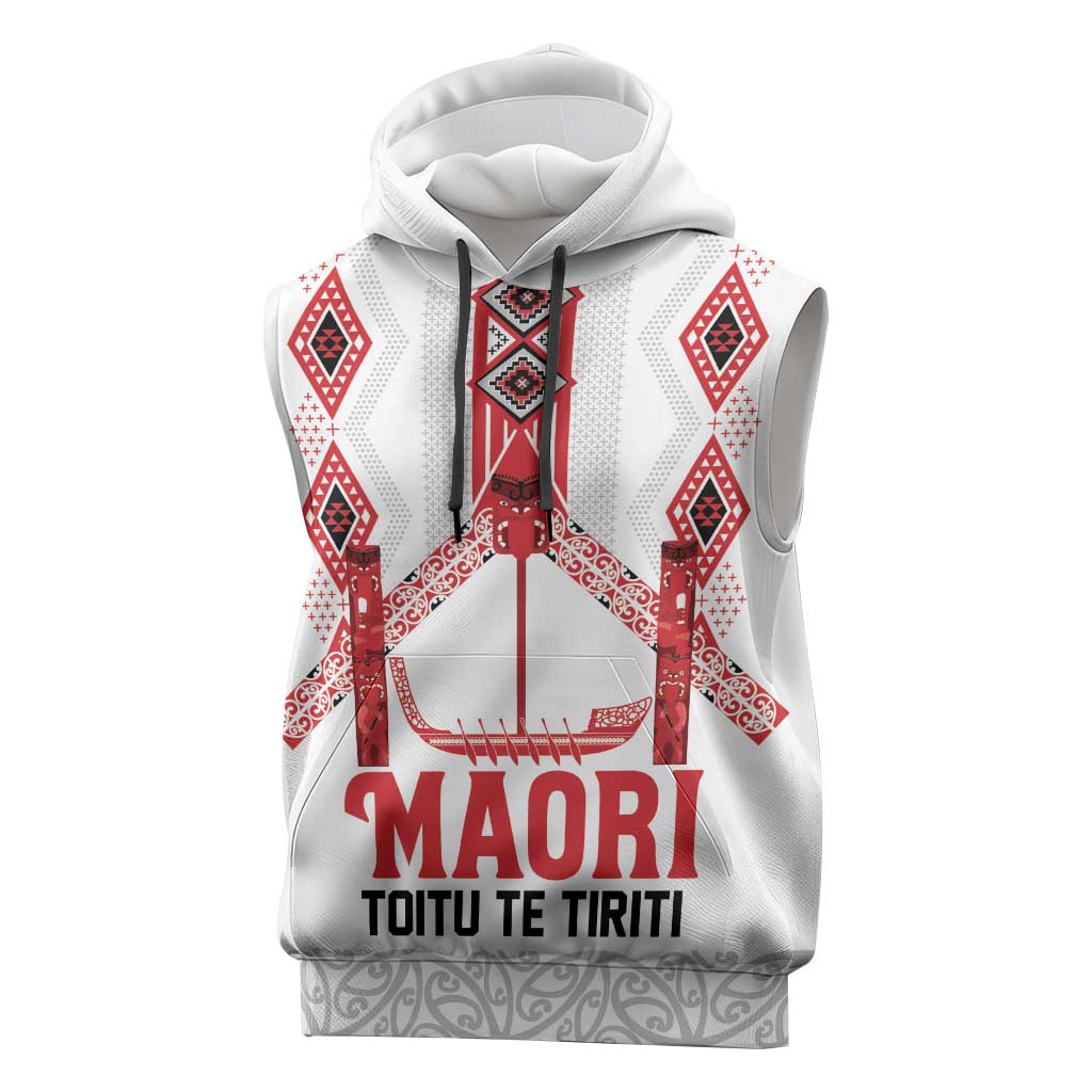 Toitu Te Tiriti Waitangi Sleeveless Hoodie White Wharenui House - Polynesian Pride