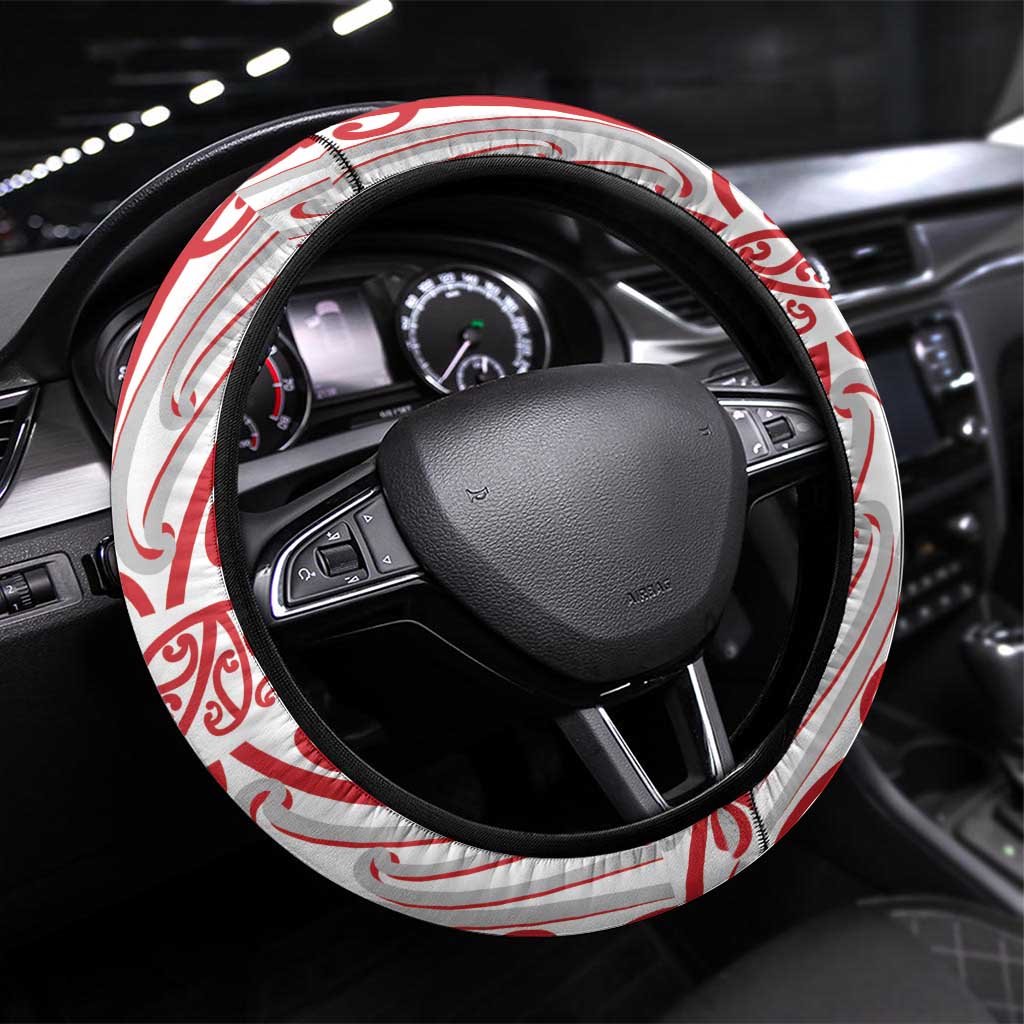 Toitu Te Tiriti Waitangi Steering Wheel Cover White Wharenui House LT9 Universal Fit white - Polynesian Pride