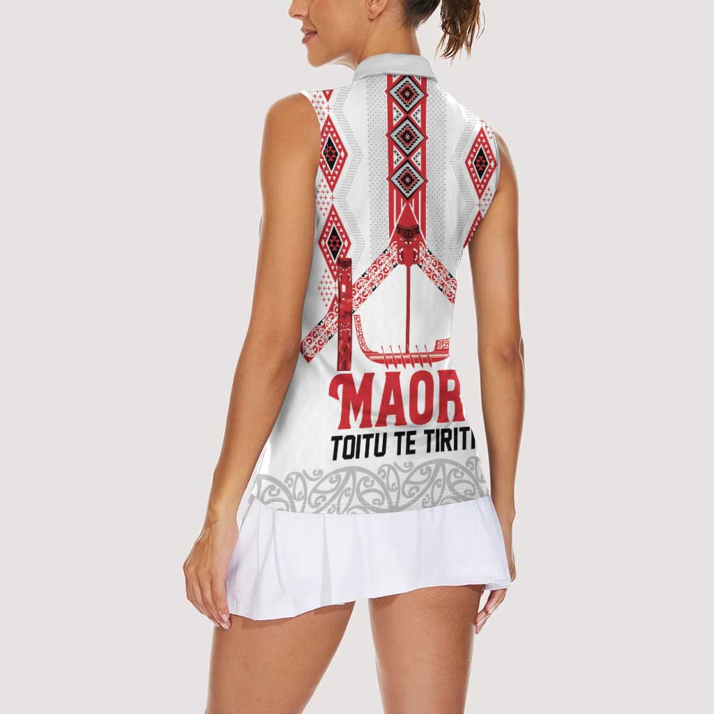 Toitu Te Tiriti Waitangi Women Sleeveless Polo Shirt White Wharenui House - Polynesian Pride