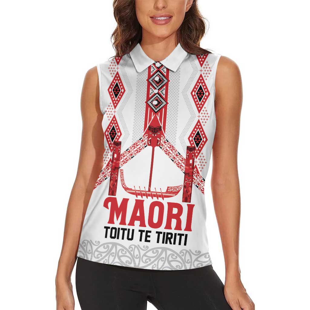 Toitu Te Tiriti Waitangi Women Sleeveless Polo Shirt White Wharenui House - Polynesian Pride