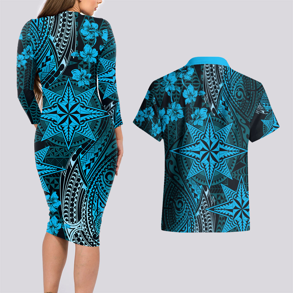 Vintage Tonga Tribal Ngatu Pattern Couples Matching Long Sleeve Bodycon Dress and Hawaiian Shirt With Pacific Floral Aqua Art