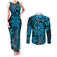Vintage Tonga Tribal Ngatu Pattern Couples Matching Tank Maxi Dress and Long Sleeve Button Shirt With Pacific Floral Aqua Art LT9 Aqua - Polynesian Pride