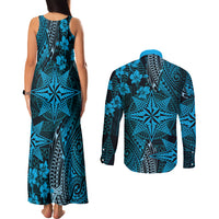 Vintage Tonga Tribal Ngatu Pattern Couples Matching Tank Maxi Dress and Long Sleeve Button Shirt With Pacific Floral Aqua Art LT9 - Polynesian Pride