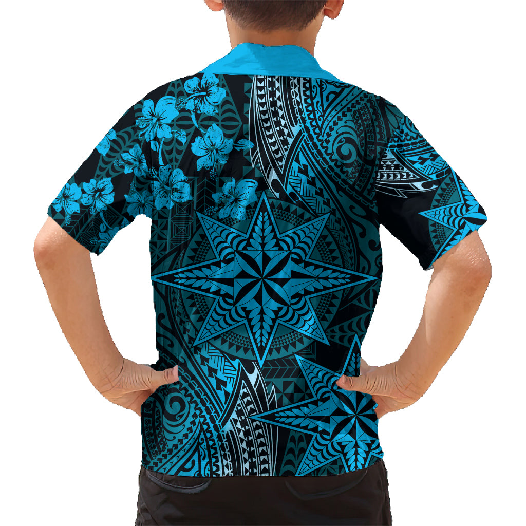 Vintage Tonga Tribal Ngatu Pattern Family Matching Long Sleeve Bodycon Dress and Hawaiian Shirt With Pacific Floral Aqua Art