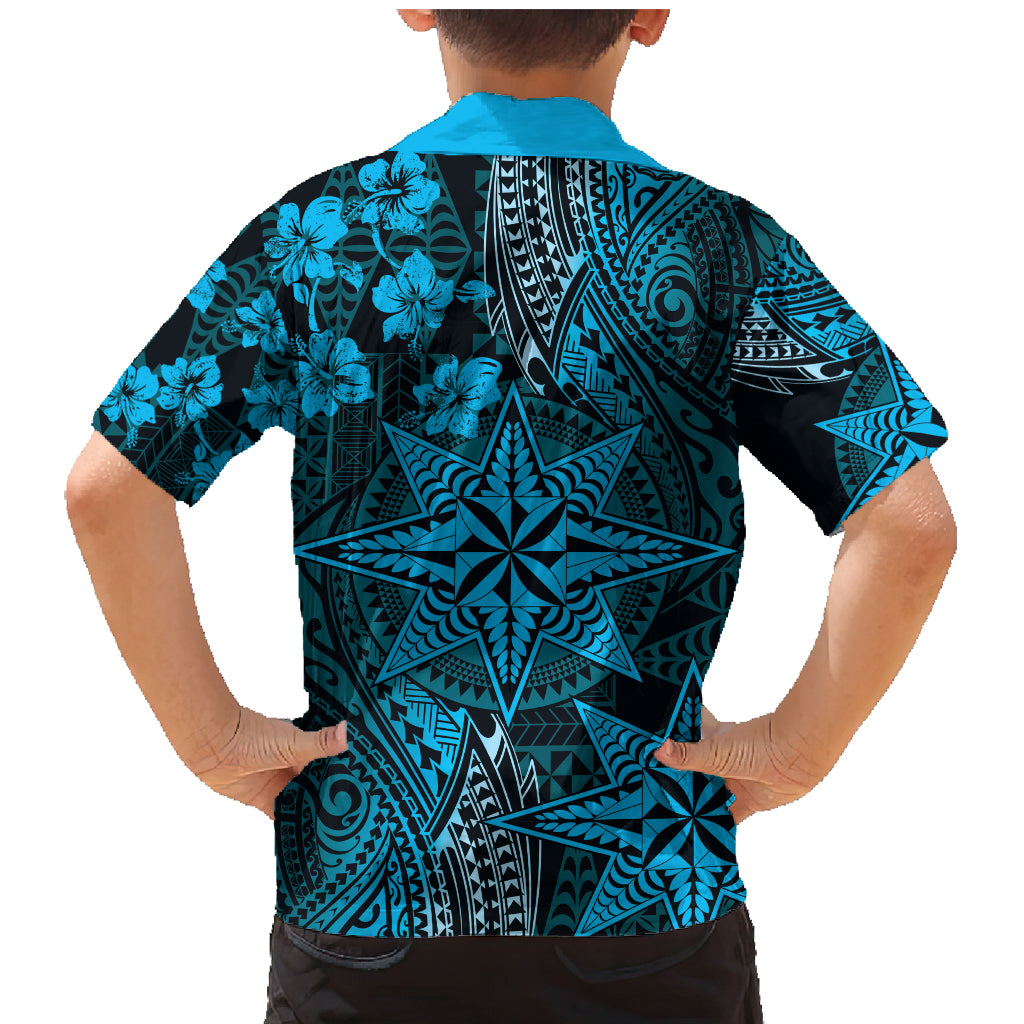 Vintage Tonga Tribal Ngatu Pattern Family Matching Mermaid Dress and Hawaiian Shirt With Pacific Floral Aqua Art