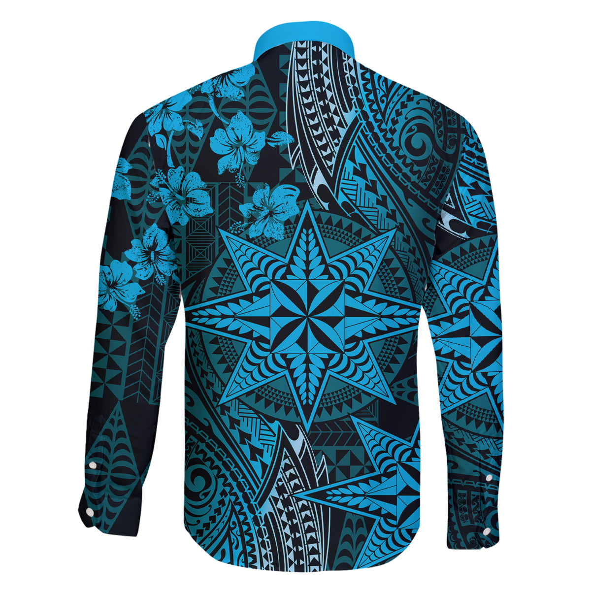 Vintage Tonga Tribal Ngatu Pattern Family Matching Off The Shoulder Long Sleeve Dress and Hawaiian Shirt With Pacific Floral Aqua Art