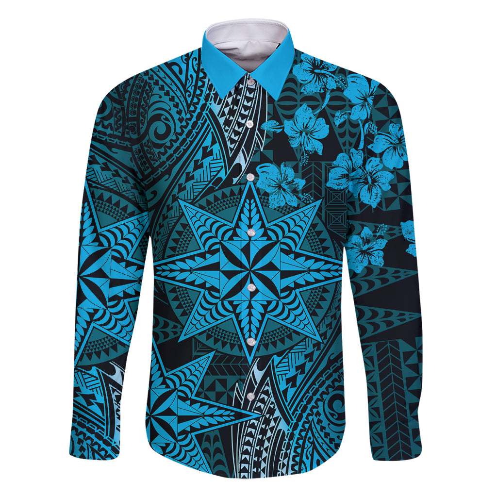 Vintage Tonga Tribal Ngatu Pattern Family Matching Off Shoulder Maxi Dress and Hawaiian Shirt With Pacific Floral Aqua Art