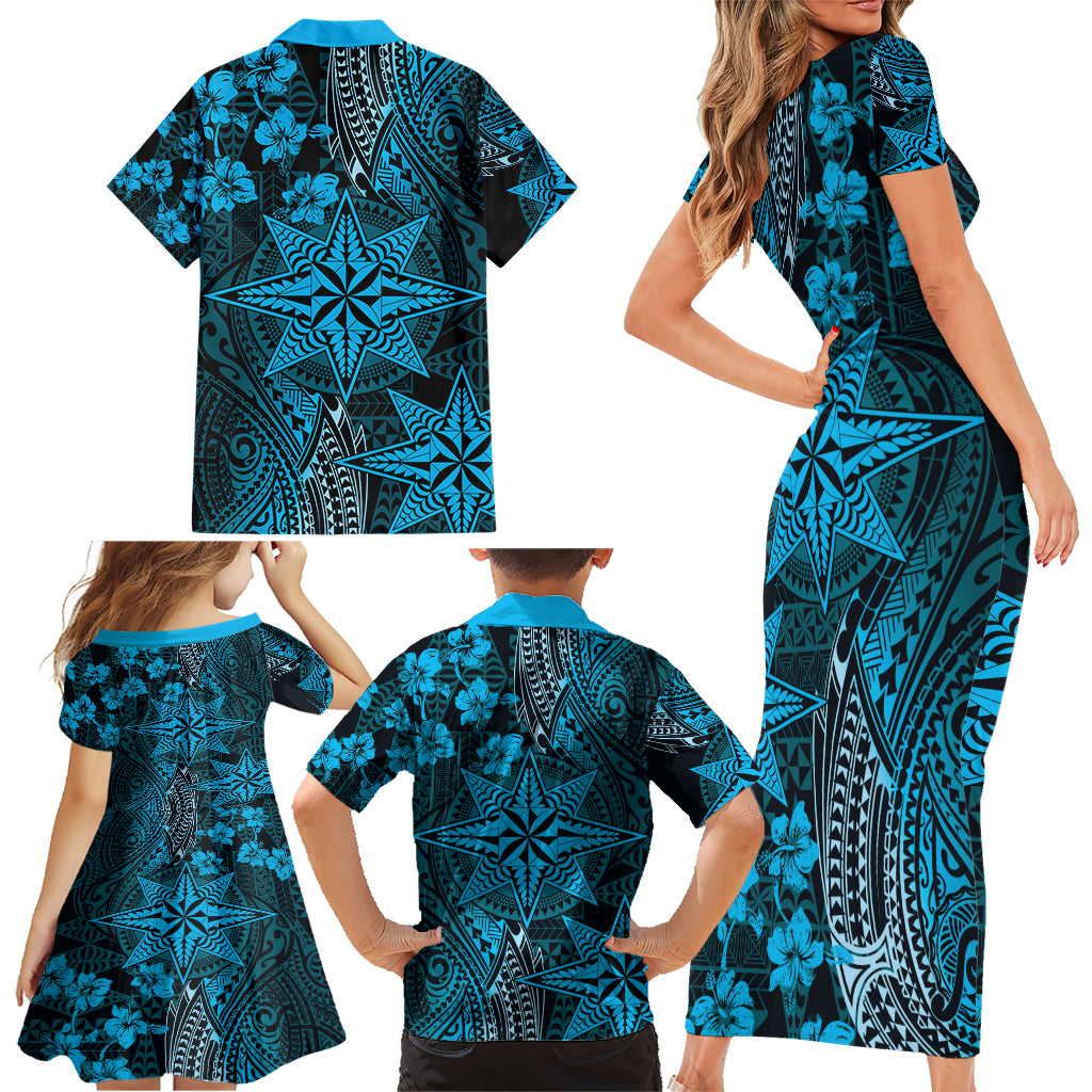 Vintage Tonga Tribal Ngatu Pattern Family Matching Short Sleeve Bodycon Dress and Hawaiian Shirt With Pacific Floral Aqua Art