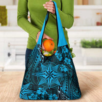 Vintage Tonga Tribal Ngatu Pattern Grocery Bag With Pacific Floral Aqua Art