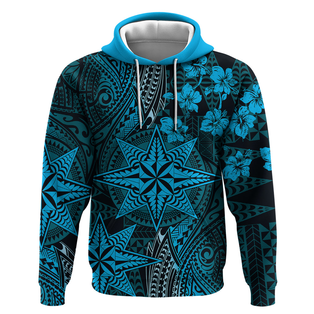 Vintage Tonga Tribal Ngatu Pattern Hoodie With Pacific Floral Aqua Art LT9 Pullover Hoodie Aqua - Polynesian Pride
