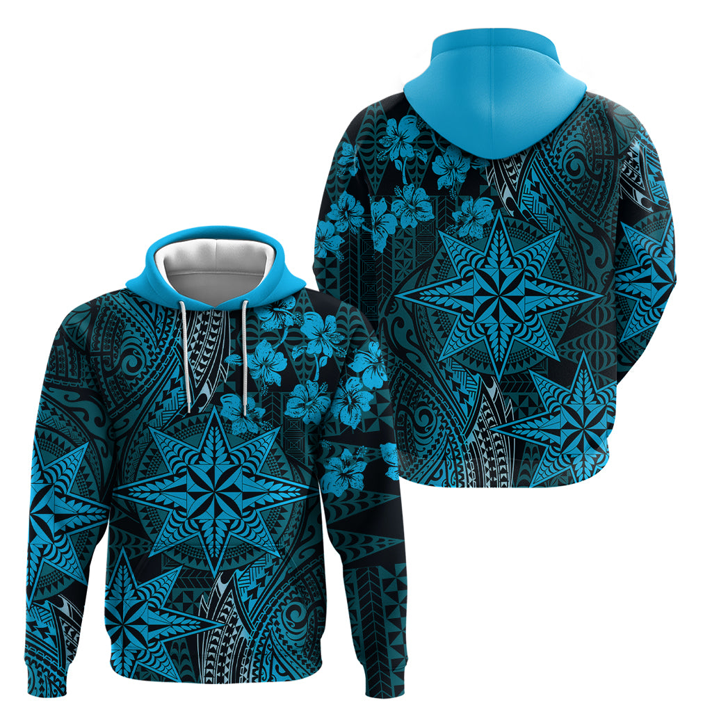Vintage Tonga Tribal Ngatu Pattern Hoodie With Pacific Floral Aqua Art LT9 - Polynesian Pride