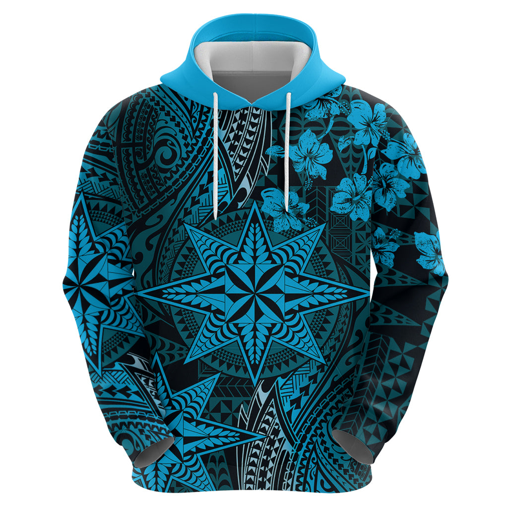 Vintage Tonga Tribal Ngatu Pattern Hoodie With Pacific Floral Aqua Art LT9 - Polynesian Pride