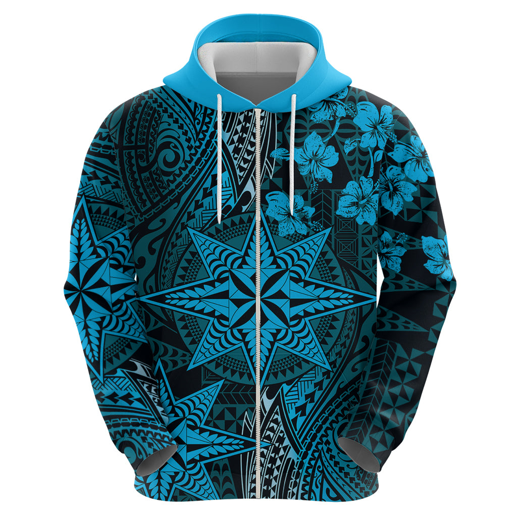 Vintage Tonga Tribal Ngatu Pattern Hoodie With Pacific Floral Aqua Art LT9 - Polynesian Pride