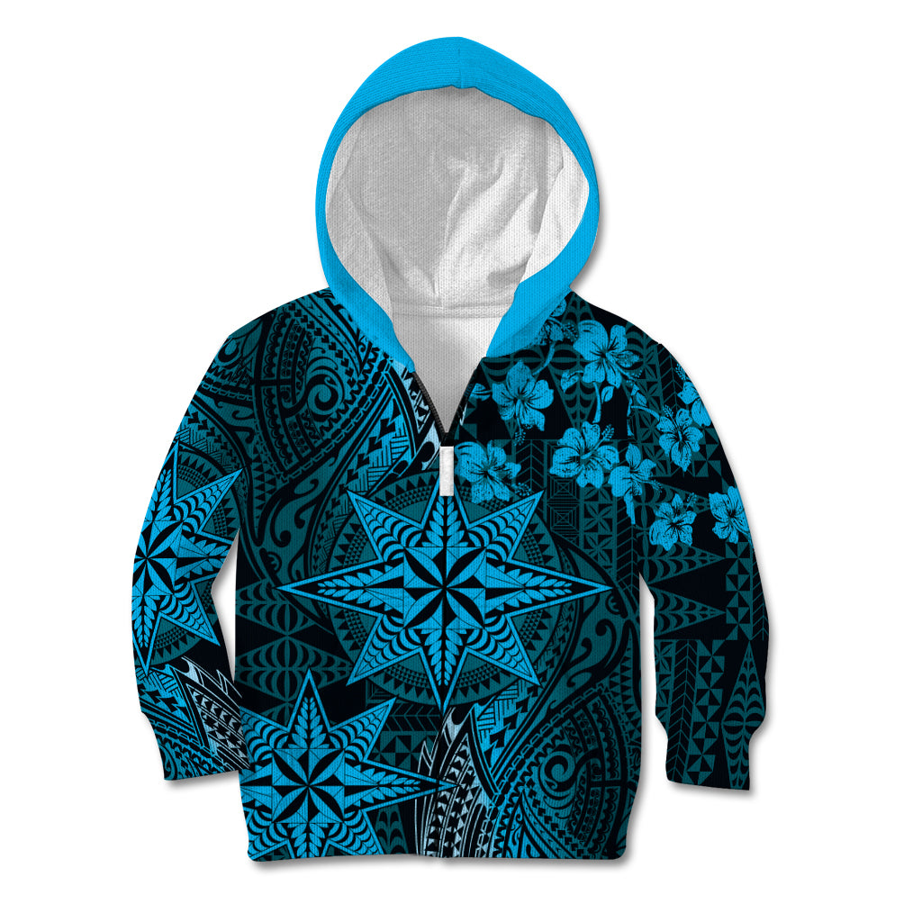 Vintage Tonga Tribal Ngatu Pattern Kid Hoodie With Pacific Floral Aqua Art LT9 Zip Hoodie Aqua - Polynesian Pride