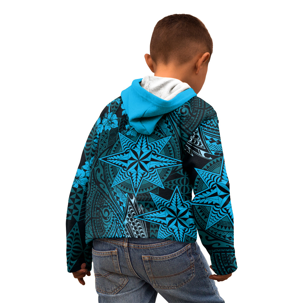 Vintage Tonga Tribal Ngatu Pattern Kid Hoodie With Pacific Floral Aqua Art LT9 - Polynesian Pride