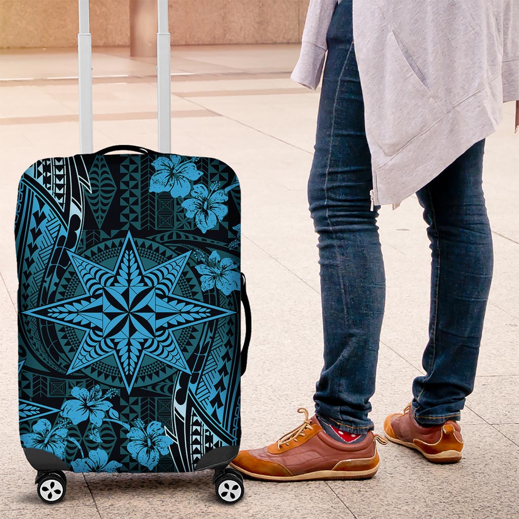 Vintage Tonga Tribal Ngatu Pattern Luggage Cover With Pacific Floral Aqua Art LT9 Aqua - Polynesian Pride