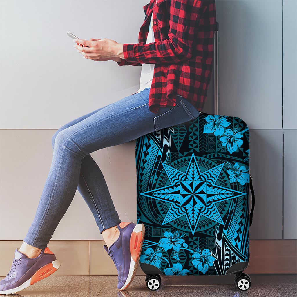 Vintage Tonga Tribal Ngatu Pattern Luggage Cover With Pacific Floral Aqua Art LT9 - Polynesian Pride