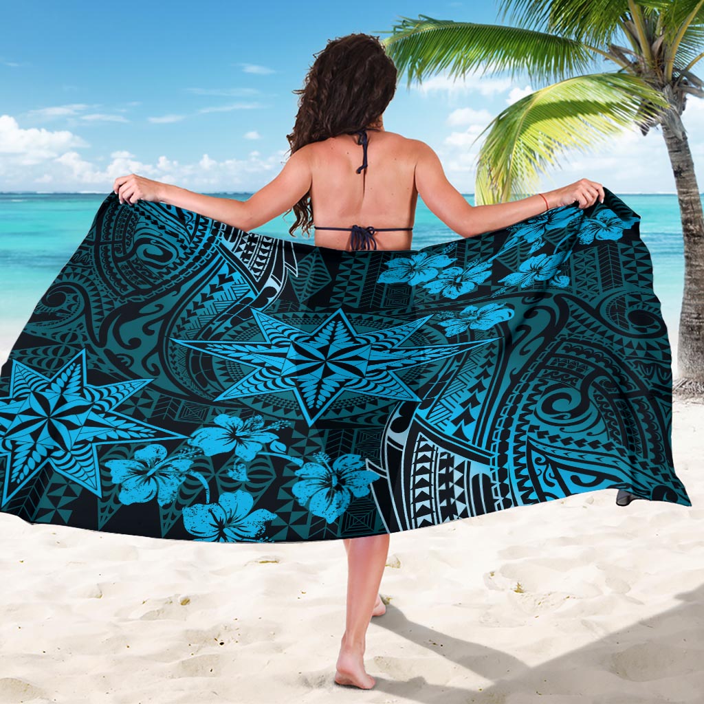 Vintage Tonga Tribal Ngatu Pattern Sarong With Pacific Floral Aqua Art LT9 - Polynesian Pride