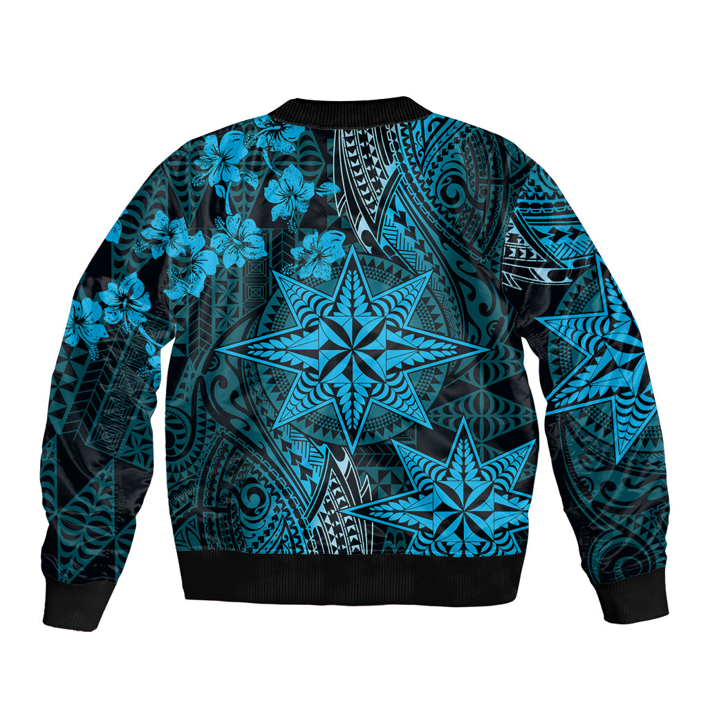 Vintage Tonga Tribal Ngatu Pattern Sleeve Zip Bomber Jacket With Pacific Floral Aqua Art