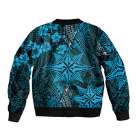 Vintage Tonga Tribal Ngatu Pattern Sleeve Zip Bomber Jacket With Pacific Floral Aqua Art