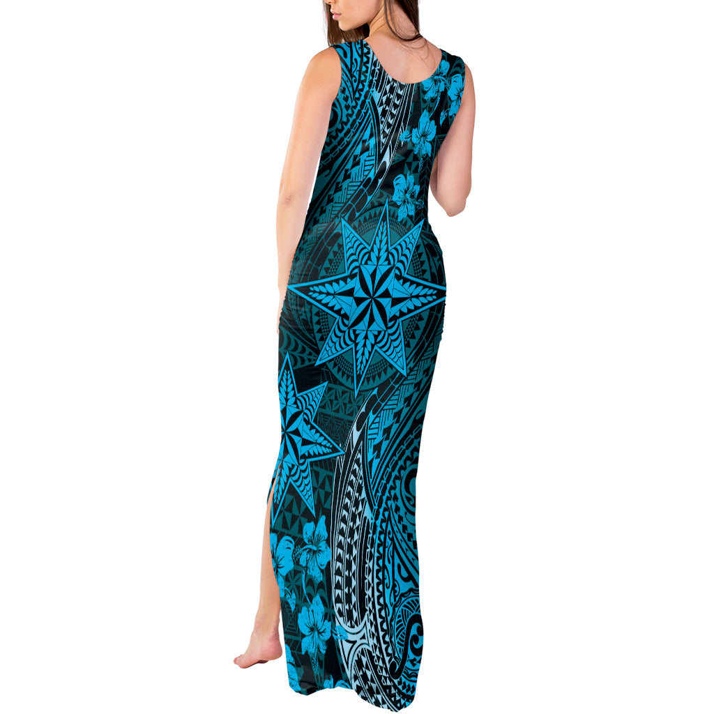 Vintage Tonga Tribal Ngatu Pattern Tank Maxi Dress With Pacific Floral Aqua Art
