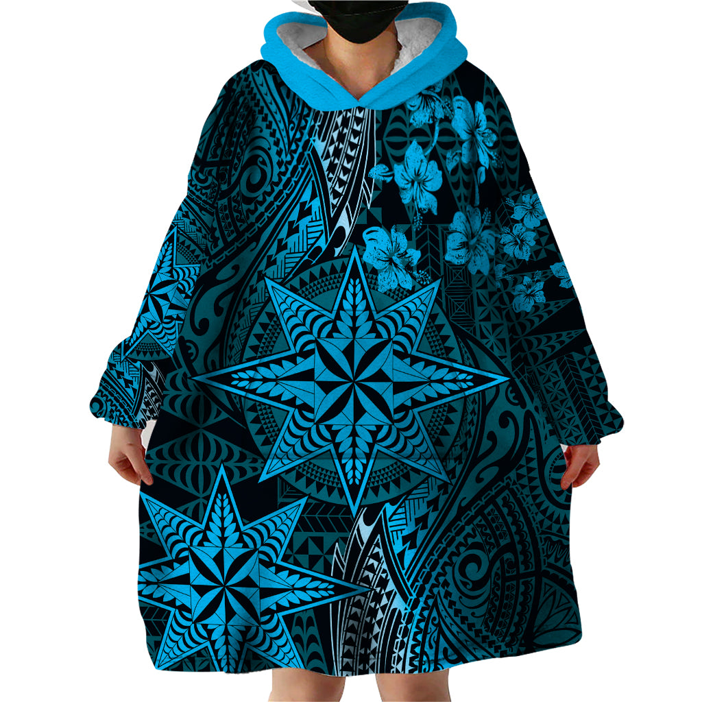 Vintage Tonga Tribal Ngatu Pattern Wearable Blanket Hoodie With Pacific Floral Aqua Art