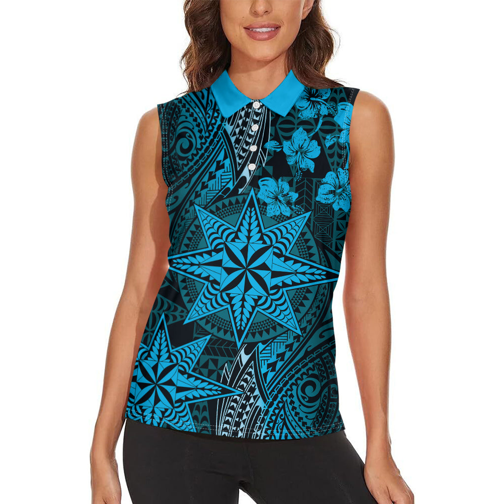 Vintage Tonga Tribal Ngatu Pattern Women Sleeveless Polo Shirt With Pacific Floral Aqua Art
