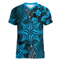 Vintage Tonga Tribal Ngatu Pattern Women V-Neck T-Shirt With Pacific Floral Aqua Art LT9 Female Aqua - Polynesian Pride