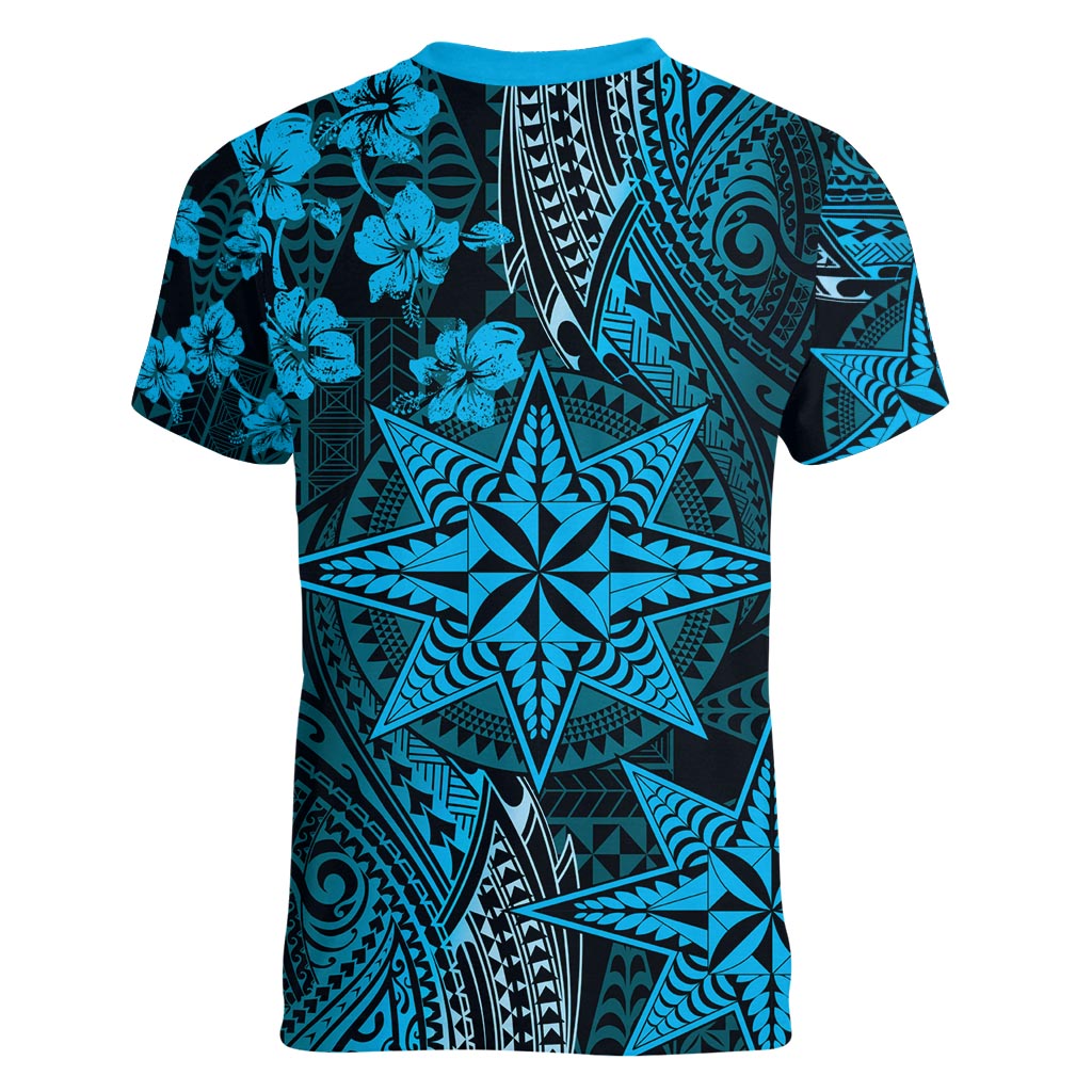 Vintage Tonga Tribal Ngatu Pattern Women V-Neck T-Shirt With Pacific Floral Aqua Art LT9 - Polynesian Pride