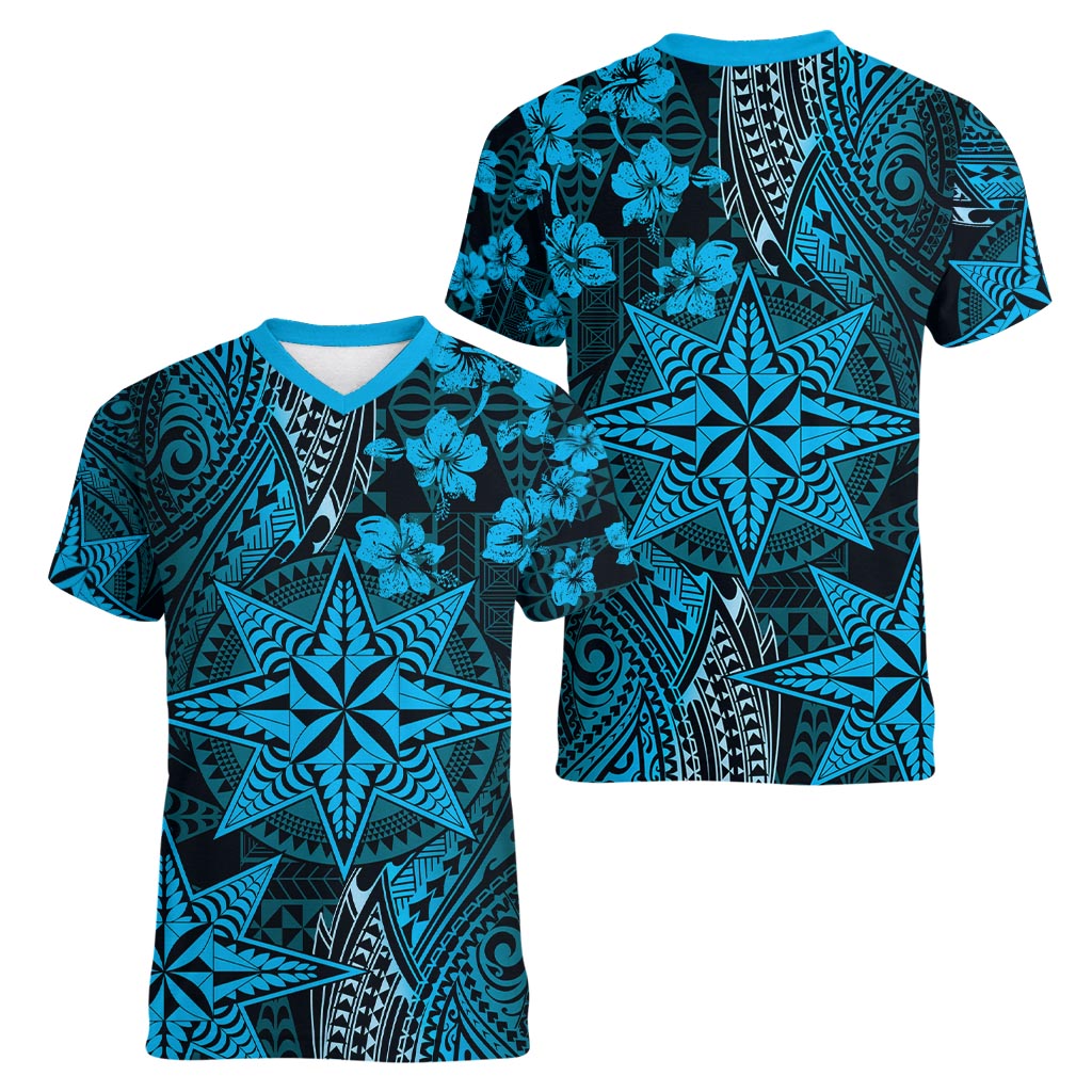 Vintage Tonga Tribal Ngatu Pattern Women V-Neck T-Shirt With Pacific Floral Aqua Art LT9 - Polynesian Pride