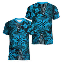 Vintage Tonga Tribal Ngatu Pattern Women V-Neck T-Shirt With Pacific Floral Aqua Art LT9 - Polynesian Pride