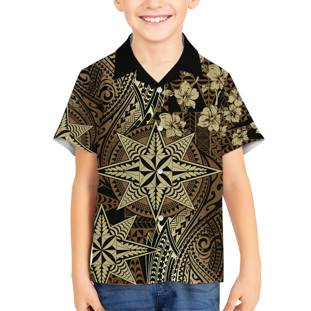 Vintage Tonga Tribal Ngatu Pattern Family Matching Tank Maxi Dress and Hawaiian Shirt With Pacific Floral Brown Art
