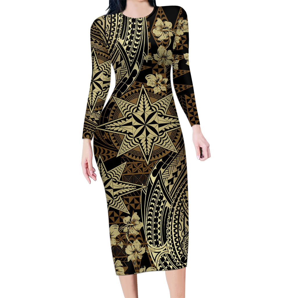 Vintage Tonga Tribal Ngatu Pattern Long Sleeve Bodycon Dress With Pacific Floral Brown Art