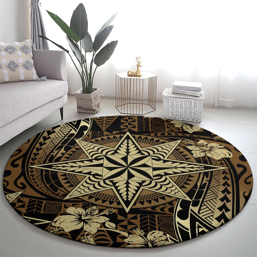 Vintage Tonga Tribal Ngatu Pattern Round Carpet With Pacific Floral Brown Art LT9 - Polynesian Pride