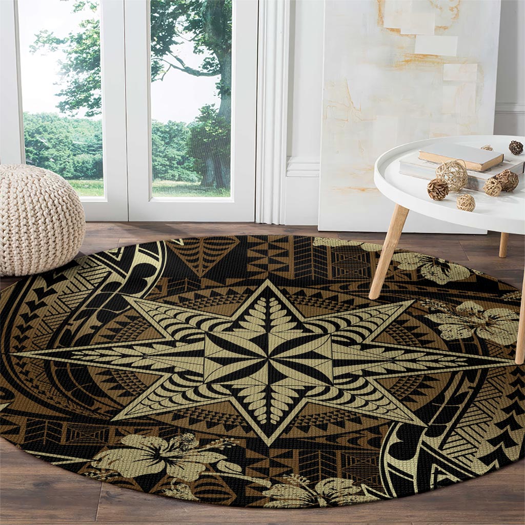 Vintage Tonga Tribal Ngatu Pattern Round Carpet With Pacific Floral Brown Art LT9 - Polynesian Pride