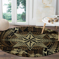 Vintage Tonga Tribal Ngatu Pattern Round Carpet With Pacific Floral Brown Art LT9 - Polynesian Pride