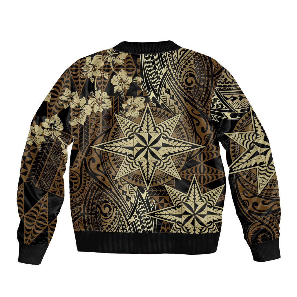 Vintage Tonga Tribal Ngatu Pattern Sleeve Zip Bomber Jacket With Pacific Floral Brown Art